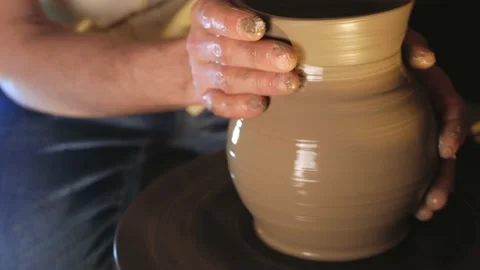 Man makes jug in pottery workshop, clay product, authentic atmosphere Stock Footage 170832726