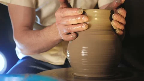 Man makes jug in pottery workshop, clay product, authentic atmosphere Stock Footage 170832745