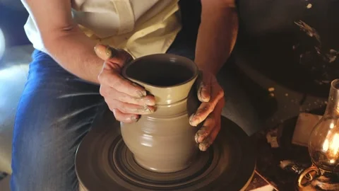 Man makes jug in pottery workshop, clay product, authentic atmosphere Stock Footage 170832757