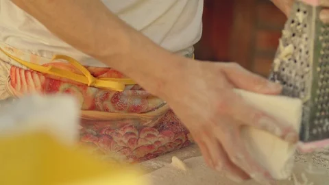 Man makes pita bread  with cheese  in a local  Bulgarian restaurant.  Close-up.  스톡 동영상 113950870