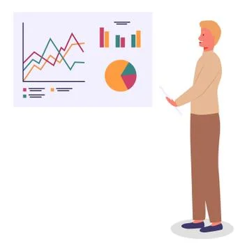 Man makes presentation using large stand with analytical data. Flat vector image Stock Illustration