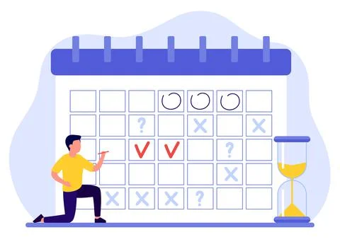 Man makes schedule, plan, fills calendar. Male have plans, marks dates Stock Illustration