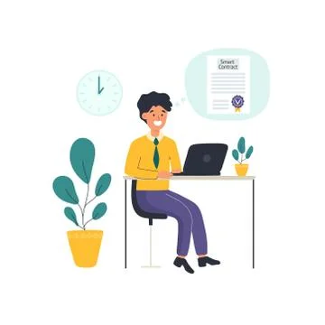 Man makes a smart contract through a laptop. Blockchain electronic contract or Stock Illustration