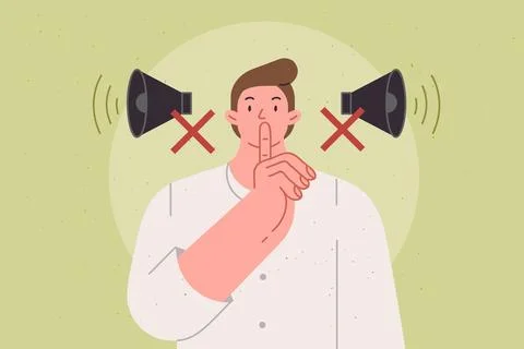 Man makes tss gesture urging him to switch phone to airplane mode and speak in Illustration