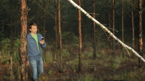 A man makes a video call by phone near a tree in the forest. Early morning Video stock 64597452