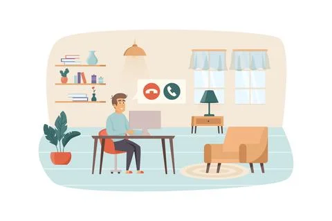 Man makes video calls from computer sitting in room at home office scene. Vid Stock Illustration