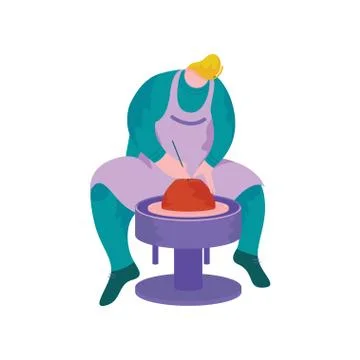 Man Making Ceramic Pot on Wheel at Pottery Workshop, Craft Hobby or Profession Stock Illustration