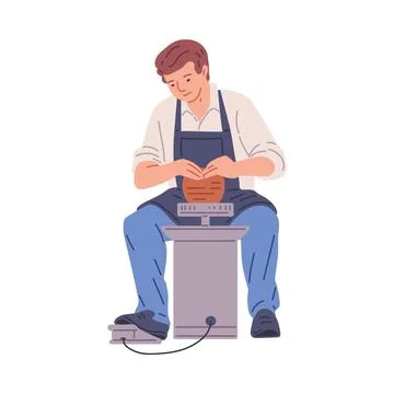 Man making clay vase, pot on pottery wheel. Pottery hand made hobby workshop  Stock Illustration