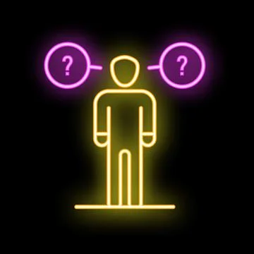 Man making difficult decision with two question marks in neon style Stock Illustration
