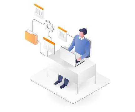 Man making documents at computer desk Stock Illustration