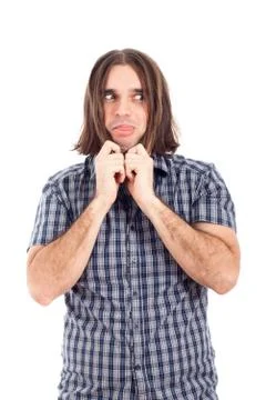 Man making funny faces holding his long hair Stock Photos