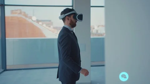 Man making gestures swipe when wearing virtual reality blue animation сloud Stock Footage 126807945