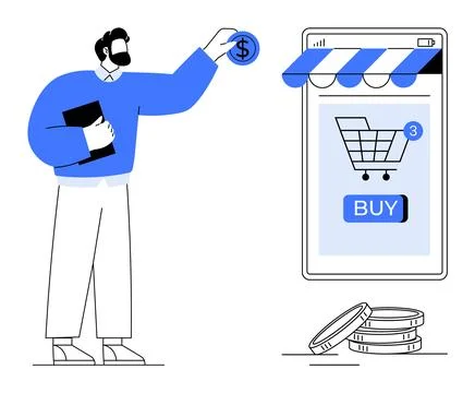 Man Making Online Purchase Using Smartphone E-commerce App with Digital Sho.. Stock Illustration