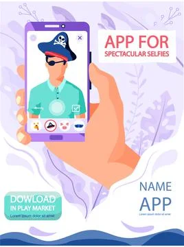 Man making selfie with filter adding pirate costume. App for spectacular selfies Stock Illustration