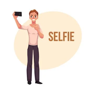 Man making selfie with smartphone, mobile phone, showing thumb up Stock Illustration