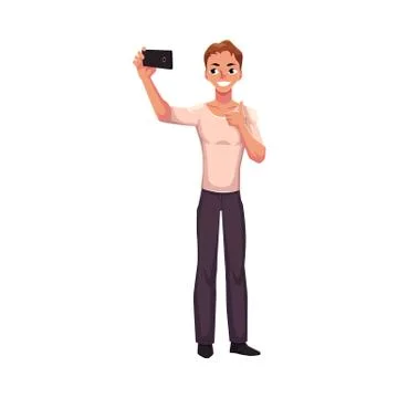 Man making selfie with smartphone, mobile phone, showing thumb up Stock Illustration