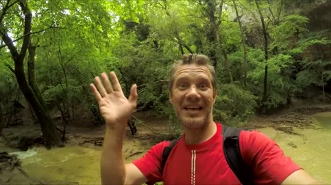 Man Making Selfie Video At Waterfall Stock-Footage 53496403
