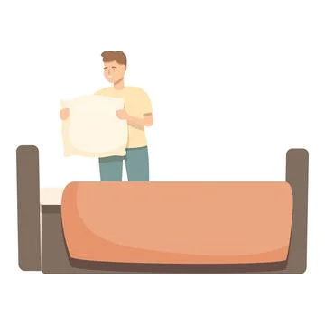 Man making sleeping bed icon cartoon vector. Housekeeping daily routine. Stock Illustration