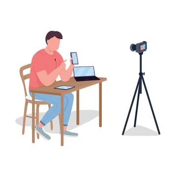 Man making video review flat color vector faceless character Illustrazione stock