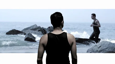 Man male model. jogging at the beach. slow motion. montage. beach background Stock-Footage 32025371