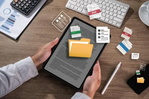 Man manage digital documents spreadsheet Data Information file copies and o.. Stock Photos