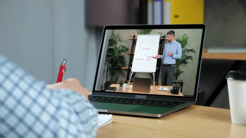Man manager in laptop screen talk report CEO point marker diagram on whiteboard Stock Footage 163243950