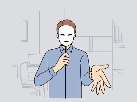 Man manager in mask extends palm for handshake, for concept deception and Stock Illustration