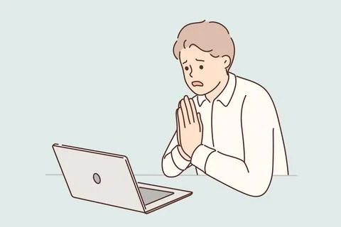 Man manager prays sitting at table with laptop asking god for help after making Stock Illustration