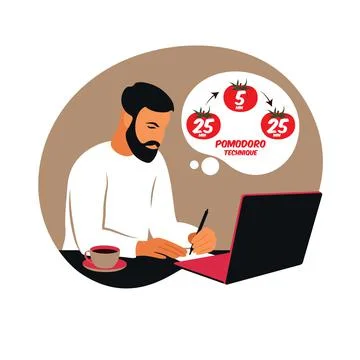 Man manager working with computer using time management. Pomodoro technique c Stock Illustration
