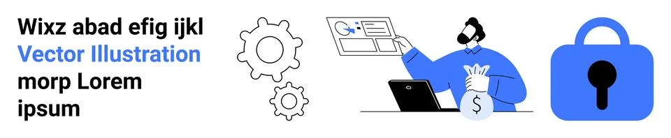 Man Managing Financial Security and Online Transactions with Laptop and Pad.. Illustrazione stock