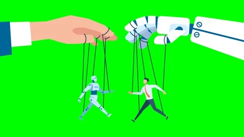 Man manipulates robot. AI controls man. Interdependence of humanity, technology Stock Footage 282189483