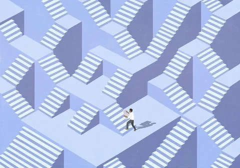 Man with map navigating maze of stairs Stock Illustration
