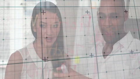 Man marking glass grid point, woman noting data and inspecting container for Stockbeeldmateriaal 311216514