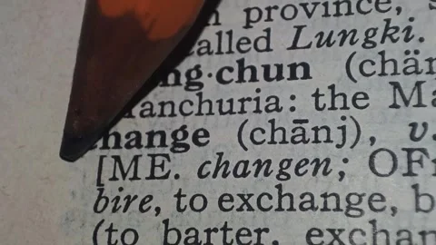 A man marks the definition from the word change on a printed page with a pencil Stock Footage 297276964