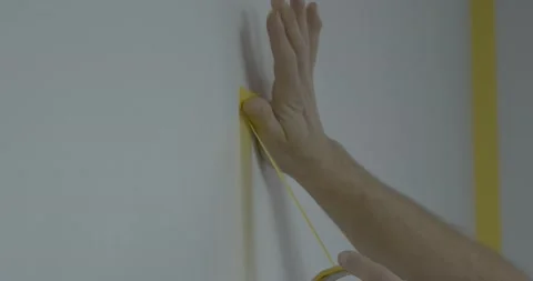 Man marks wall with yellow scotch preparing for painting Stock Footage 170148326
