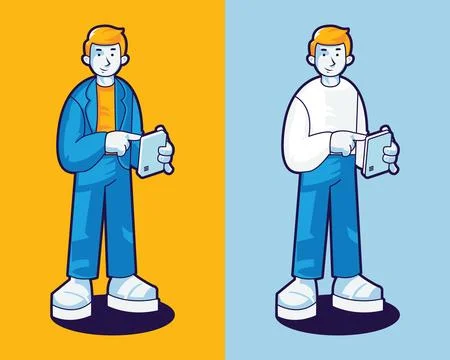 Man mascot holding and using tablet or smartphone Stock Illustration