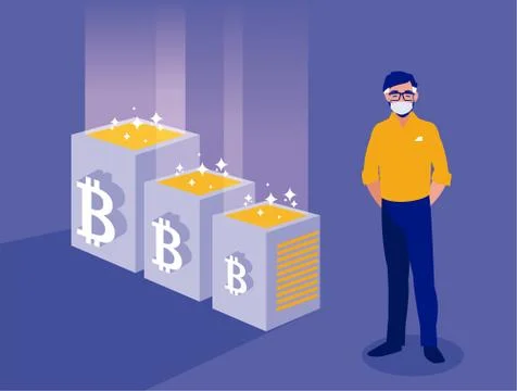 Man with mask and bitcoins boxes vector design Ilustración de archivo