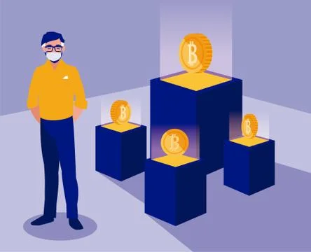 Man with mask and bitcoins boxes vector design Ilustración de archivo