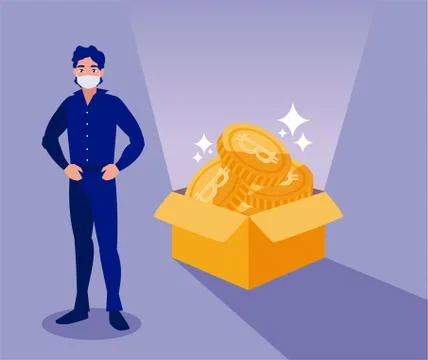 Man with mask and bitcoins inside box vector design Illustrazione stock