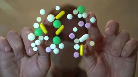 Man in the mask on the blurred background and practice in group colored pills Stock Footage 130189954