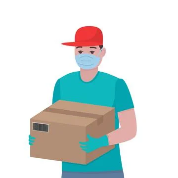 Man in mask with box vector isolated illustration. Fast courier. Stock Illustration