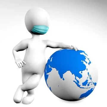 Man with a mask with a globe 3d rendering Stock Illustration