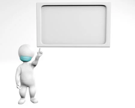 Man with mask pointing up at a label 3d rendering Stock Illustration