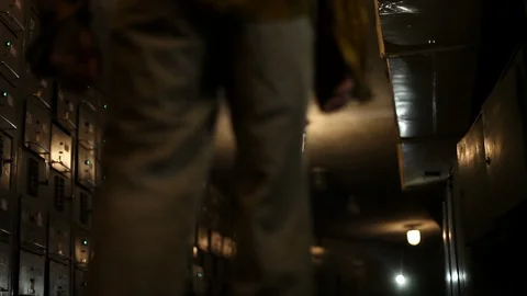 A man with a mask in the shape of a bear’s head walks from us through a Stock Footage 124834586