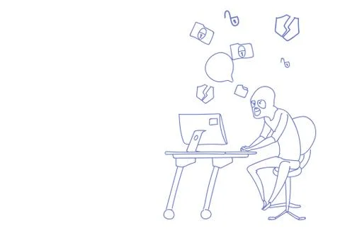 Man mask sitting computer hacker activity concept viruses data privacy attack Stock Illustration