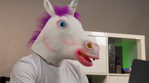 The man in the mask of a unicorn sitting at a table working on laptop Stock Footage 129049313