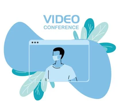 Man with mask on video conference Illustrazione stock