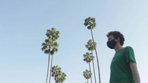 Man with Mask Walks By Palm Trees, Right to Left Stock Footage 134739223