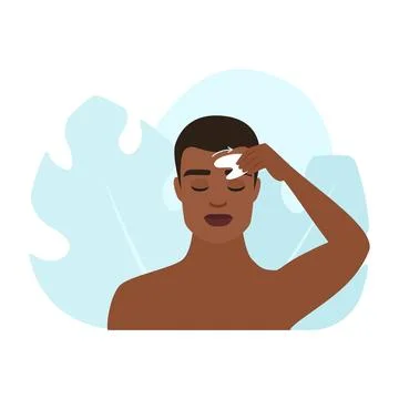 Man massaging forehead in sideways direction using jade gua sha Stock Illustration