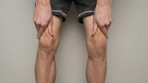 Man massaging his knees with both hands, focusing on joint care and pain relief. Stock Footage 296236013